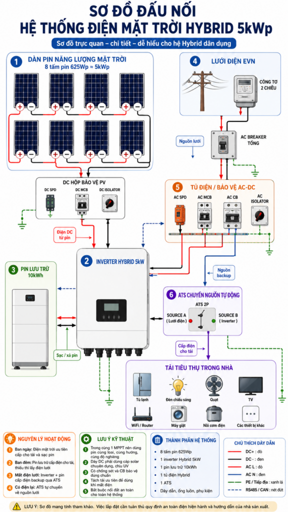 Sơ Đồ Đấu Nối Hệ Thống Điện Mặt Trời Hybrid 5kWp: Nguyên Lý, Thiết Bị Và Lưu Ý Khi Thi CôngHệ thống điện mặt trời Hybrid 5kWp là giải pháp phù hợp cho hộ gia đình, nhà phố, biệt thự nhỏ, văn phòng hoặc cửa hàng có nhu cầu vừa tiết kiệm điện, vừa có nguồn điện dự phòng khi mất điện lưới. Khác với hệ hòa lưới thông thường, hệ Hybrid có thêm pin lưu trữ và bộ chuyển nguồn, giúp hệ thống chủ động hơn trong quá trình vận hành.
Trong bài viết này, chúng ta sẽ cùng tìm hiểu sơ đồ đấu nối cơ bản của một hệ thống điện mặt trời Hybrid 5kWp, gồm dàn pin mặt trời, inverter Hybrid, pin lưu trữ, tủ điện bảo vệ, ATS, lưới điện và tải tiêu thụ.
Hệ Thống Điện Mặt Trời Hybrid 5kWp Gồm Những Gì?
Một hệ thống Hybrid 5kWp cơ bản thường bao gồm các thành phần chính sau:
Dàn pin năng lượng mặt trời
Biến tần Hybrid 5kW
Pin lưu trữ lithium khoảng 5kWh đến 10kWh
Tủ điện bảo vệ AC/DC
Thiết bị chống sét DC/AC
MCB, MCCB, CB bảo vệ
ATS chuyển nguồn tự động
Dây DC solar chuyên dụng
Dây AC cấp tải
Hệ thống tiếp địa
Tải tiêu thụ trong gia đình
Kết nối điện lưới EVN
Trong sơ đồ minh họa, hệ thống sử dụng dàn pin mặt trời khoảng 5kWp, inverter Hybrid 5kW, pin lưu trữ 10kWh, tủ điện Hybrid, ATS và tải tiêu thụ trong nhà.
Nguyên Lý Hoạt Động Của Hệ Thống Hybrid 5kWp
Hệ thống điện mặt trời Hybrid vận hành theo nguyên lý kết hợp giữa ba nguồn năng lượng: điện mặt trời, pin lưu trữ và điện lưới.
Ban ngày, các tấm pin năng lượng mặt trời hấp thụ ánh sáng và tạo ra dòng điện một chiều DC. Dòng điện DC được đưa về inverter Hybrid để chuyển đổi thành dòng điện xoay chiều AC cấp cho các thiết bị điện trong nhà.
Khi điện mặt trời tạo ra nhiều hơn nhu cầu sử dụng, phần điện dư sẽ được ưu tiên sạc vào pin lưu trữ. Khi pin đã đầy, tùy theo thiết kế, hệ thống có thể giới hạn phát ngược hoặc hòa lưới nếu được phép.
Vào ban đêm hoặc khi trời ít nắng, hệ thống có thể lấy điện từ pin lưu trữ để cấp cho tải. Nếu pin yếu, hệ thống sẽ tự động lấy thêm điện từ lưới EVN.
Khi mất điện lưới, inverter Hybrid kết hợp với pin lưu trữ sẽ cấp điện cho các tải ưu tiên thông qua đường backup hoặc EPS. Nếu có ATS, quá trình chuyển nguồn sẽ diễn ra tự động, giúp các thiết bị quan trọng vẫn hoạt động ổn định.
Các Thành Phần Chính Trong Sơ Đồ Đấu Nối
1. Dàn Pin Năng Lượng Mặt Trời
Dàn pin mặt trời là bộ phận tạo ra điện DC từ ánh sáng mặt trời. Với hệ 5kWp, số lượng tấm pin có thể dao động tùy công suất từng tấm.
Ví dụ:
Nếu dùng tấm pin 550Wp, cần khoảng 9 tấm để đạt gần 5kWp.
Nếu dùng tấm pin 625Wp, cần khoảng 8 tấm để đạt 5kWp.
Nếu dùng tấm pin 450Wp, cần khoảng 11 tấm để đạt gần 5kWp.
Trong sơ đồ, các tấm pin được đấu nối theo chuỗi để đưa điện áp DC về inverter. Việc đấu nối chuỗi pin cần tuân thủ đúng thông số MPPT của inverter, bao gồm điện áp làm việc, điện áp hở mạch và dòng điện tối đa.
Lưu ý quan trọng: Trong cùng một chuỗi MPPT, nên sử dụng các tấm pin cùng loại, cùng công suất, cùng hướng lắp và cùng độ nghiêng để hệ thống đạt hiệu suất tốt nhất.
2. Biến Tần Hybrid 5kW
Inverter Hybrid là “bộ não” của hệ thống. Thiết bị này có nhiệm vụ chuyển đổi điện DC từ tấm pin thành điện AC cấp cho tải, đồng thời quản lý sạc/xả pin lưu trữ và phối hợp với điện lưới.
Inverter Hybrid 5kW thường có các cổng kết nối chính:
Cổng PV nhận điện DC từ tấm pin
Cổng Battery kết nối pin lưu trữ
Cổng Grid kết nối điện lưới
Cổng Load hoặc EPS cấp điện dự phòng
Cổng truyền thông RS485/CAN để giao tiếp với pin
Cổng tiếp địa bảo vệ an toàn
Khi lựa chọn inverter Hybrid, cần kiểm tra kỹ công suất, số MPPT, điện áp pin hỗ trợ, khả năng backup, dòng sạc/xả pin và khả năng chống phát ngược nếu hệ thống không bán điện dư.
3. Pin Lưu Trữ 10kWh
Pin lưu trữ giúp hệ thống có thể sử dụng điện mặt trời vào buổi tối hoặc khi mất điện lưới. Với hệ Hybrid 5kWp, dung lượng pin 10kWh là lựa chọn khá phổ biến cho hộ gia đình muốn duy trì các tải quan trọng trong nhiều giờ.
Pin lưu trữ thường kết nối với inverter bằng dây nguồn DC và dây truyền thông. Dây truyền thông giúp inverter nhận biết trạng thái pin, dung lượng, điện áp, dòng sạc/xả và các cảnh báo bảo vệ.
Pin lưu trữ nên được đặt ở vị trí khô ráo, thoáng mát, tránh ánh nắng trực tiếp, tránh nơi ẩm thấp và cần có khoảng cách an toàn để bảo trì.
4. Tủ Điện Hybrid Và Thiết Bị Bảo Vệ
Tủ điện Hybrid là nơi tập trung các thiết bị đóng cắt, bảo vệ và phân phối điện của hệ thống. Một tủ điện đúng kỹ thuật thường có:
CB bảo vệ đường PV DC
Chống sét lan truyền DC
CB bảo vệ inverter
CB bảo vệ đường lưới
CB bảo vệ tải backup
SPD chống sét AC
Terminal đấu nối
Thiết bị chống phát ngược nếu cần
Hệ thống tiếp địa
Tủ điện cần được bố trí gọn gàng, có nhãn rõ ràng cho từng đường dây như PV, Battery, Grid, Load, EPS, AC, DC. Điều này giúp quá trình kiểm tra, bảo trì và xử lý sự cố dễ dàng hơn.
5. MCB 63A Và Kết Nối Lưới Điện
Trong sơ đồ, MCB 63A được sử dụng để bảo vệ đường kết nối với lưới điện. Thiết bị này giúp đóng cắt nguồn, bảo vệ quá tải, ngắn mạch và cô lập hệ thống khi cần bảo trì.
Tùy công suất inverter, tiết diện dây, dòng tải và tiêu chuẩn thiết kế, kỹ thuật viên sẽ lựa chọn loại CB hoặc MCB phù hợp. Không nên chọn thiết bị đóng cắt theo cảm tính vì có thể gây quá tải, nóng dây hoặc nhảy CB không ổn định.
6. ATS Chuyển Nguồn Tự Động
ATS là bộ chuyển nguồn tự động, có nhiệm vụ chuyển đổi giữa nguồn điện lưới và nguồn backup từ inverter Hybrid.
Khi điện lưới bình thường, tải có thể sử dụng điện theo chế độ vận hành của hệ thống. Khi mất điện lưới, ATS sẽ tự động chuyển sang nguồn EPS/backup từ inverter và pin lưu trữ. Khi điện lưới có trở lại, ATS chuyển tải về lại nguồn phù hợp.
Vai trò quan trọng của ATS là:
Chuyển nguồn tự động khi mất điện
Giúp tải ưu tiên hoạt động liên tục
Hạn chế thao tác thủ công
Tránh đấu nhầm nguồn
Hỗ trợ chống hồi điện ngược nếu đấu đúng kỹ thuật
Tuy nhiên, ATS phải được chọn đúng công suất, đúng loại và đấu nối đúng sơ đồ. Không nên dùng ATS giá rẻ, chất lượng kém cho hệ Hybrid vì có thể gây nóng tiếp điểm, chuyển nguồn lỗi hoặc nguy cơ cháy thiết bị.
7. Tải Tiêu Thụ Trong Gia Đình
Tải tiêu thụ là các thiết bị sử dụng điện trong nhà như đèn, quạt, tivi, tủ lạnh, wifi, camera, máy bơm, máy tính, điều hòa hoặc thiết bị bếp.
Đối với hệ Hybrid có pin lưu trữ, nên chia tải thành hai nhóm:
Tải thường: Các thiết bị không cần duy trì khi mất điện, có thể lấy điện từ lưới hoặc điện mặt trời khi hệ thống hoạt động bình thường.
Tải ưu tiên/backup: Các thiết bị cần hoạt động khi mất điện như đèn, wifi, camera, tủ lạnh, quạt, máy tính, cửa cuốn hoặc thiết bị quan trọng.
Không nên đưa toàn bộ tải lớn vào đường backup nếu inverter và pin không đủ công suất. Ví dụ, điều hòa công suất lớn, bếp từ, bình nóng lạnh, máy bơm lớn nên được tính toán kỹ trước khi đưa vào tải backup.
Ý Nghĩa Các Đường Dây Trong Sơ Đồ
Trong sơ đồ đấu nối Hybrid, các đường dây thường được phân biệt bằng màu hoặc ký hiệu để dễ nhận biết.
DC dương từ tấm pin thường ký hiệu PV+
DC âm từ tấm pin thường ký hiệu PV-
Dây pin dương kết nối battery+
Dây pin âm kết nối battery-
Dây AC pha L
Dây AC trung tính N
Dây tiếp địa PE
Dây truyền thông RS485 hoặc CAN
Việc đánh dấu dây rõ ràng giúp tránh nhầm lẫn khi đấu nối. Đặc biệt, hệ thống điện mặt trời có cả điện DC và AC, nếu đấu sai cực hoặc sai nguồn có thể gây cháy thiết bị, lỗi inverter hoặc nguy hiểm cho người thi công.
Lưu Ý Kỹ Thuật Khi Đấu Nối Hệ Hybrid 5kWp
Để hệ thống vận hành an toàn và hiệu quả, cần lưu ý những điểm sau:
Dùng dây DC solar chuyên dụng cho đường tấm pin
Không dùng dây AC dân dụng thay cho dây DC ngoài trời
Lắp chống sét DC cho đường PV
Lắp chống sét AC cho phía lưới và tải
Có tiếp địa đúng chuẩn cho khung pin, inverter, tủ điện
Bấm cos chắc chắn, không đấu nối tạm bợ
Sử dụng đầu nối MC4 chất lượng tốt
Kiểm tra đúng cực âm dương trước khi đóng điện
Chọn CB, cầu chì, SPD phù hợp thông số hệ thống
Đảm bảo thông số chuỗi pin nằm trong dải MPPT của inverter
Tách tải backup hợp lý
Cài đặt chế độ sạc/xả pin phù hợp
Kiểm tra giao tiếp giữa inverter và pin lưu trữ
Dán nhãn cảnh báo điện mặt trời tại tủ điện
Có sơ đồ đấu nối lưu lại cho quá trình bảo trì
Những Lỗi Thường Gặp Khi Thi Công Hệ Hybrid
Một số lỗi phổ biến khi lắp đặt hệ thống Hybrid 5kWp gồm:
Đấu sai cực DC từ tấm pin về inverter
Chọn sai số lượng tấm pin trên một chuỗi MPPT
Dây DC đi ngoài trời không chống UV
Không lắp chống sét DC/AC
Không đấu tiếp địa hoặc tiếp địa không đạt
Đưa tải quá lớn vào đường backup
Dùng ATS không đúng công suất
Đấu nhầm đường Grid và EPS
Không cài đặt giới hạn phát ngược khi không bán điện dư
Không kiểm tra truyền thông pin với inverter
Bố trí tủ điện rối, khó bảo trì
Những lỗi này có thể khiến hệ thống báo lỗi, giảm hiệu suất, mất an toàn hoặc làm hỏng thiết bị. Vì vậy, hệ Hybrid nên được thi công bởi đội ngũ kỹ thuật có kinh nghiệm về điện mặt trời, inverter, pin lưu trữ và tủ điện bảo vệ.
Hệ Hybrid 5kWp Phù Hợp Với Ai?
Hệ thống điện mặt trời Hybrid 5kWp phù hợp với:
Hộ gia đình có hóa đơn điện trung bình đến cao
Nhà thường xuyên mất điện
Nhà muốn có điện dự phòng cho đèn, wifi, camera, tủ lạnh
Văn phòng nhỏ cần duy trì thiết bị mạng và máy tính
Cửa hàng cần điện ổn định cho bán hàng
Gia đình muốn giảm phụ thuộc vào điện lưới
Khách hàng muốn dùng năng lượng sạch và tiết kiệm lâu dài
Với pin lưu trữ 10kWh, hệ thống có thể hỗ trợ tốt cho các tải thiết yếu trong thời gian mất điện, tùy theo mức tiêu thụ thực tế.
Kết Luận
Sơ đồ đấu nối điện mặt trời Hybrid 5kWp cho thấy đây là một hệ thống kết hợp nhiều thiết bị: dàn pin mặt trời, inverter Hybrid, pin lưu trữ, tủ điện bảo vệ, ATS, lưới điện và tải tiêu thụ. Mỗi thành phần đều có vai trò quan trọng trong việc đảm bảo hệ thống vận hành an toàn, ổn định và hiệu quả.
Để hệ Hybrid hoạt động bền bỉ, cần thiết kế đúng công suất, chọn thiết bị phù hợp, đấu nối đúng kỹ thuật, có đầy đủ thiết bị bảo vệ và tách tải backup hợp lý. Một hệ thống được thi công chuẩn không chỉ giúp tiết kiệm điện mà còn mang lại sự chủ động về nguồn điện cho gia đình và doanh nghiệp.