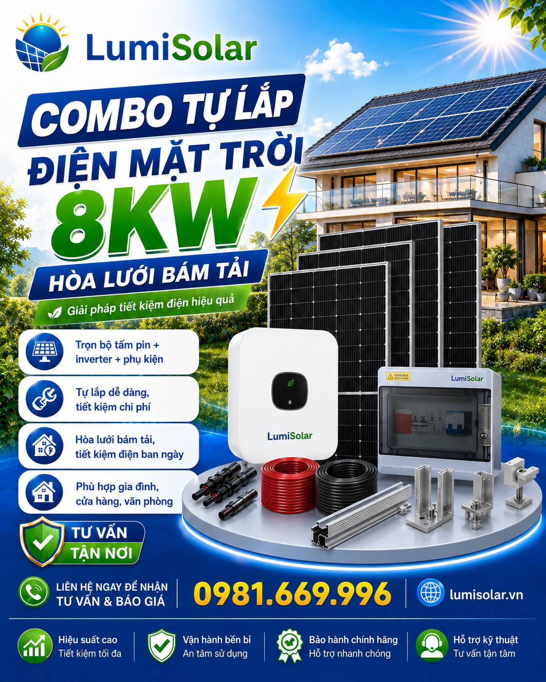 Combo Điện Mặt Trời 8kW Hòa Lưới Bám Tải
