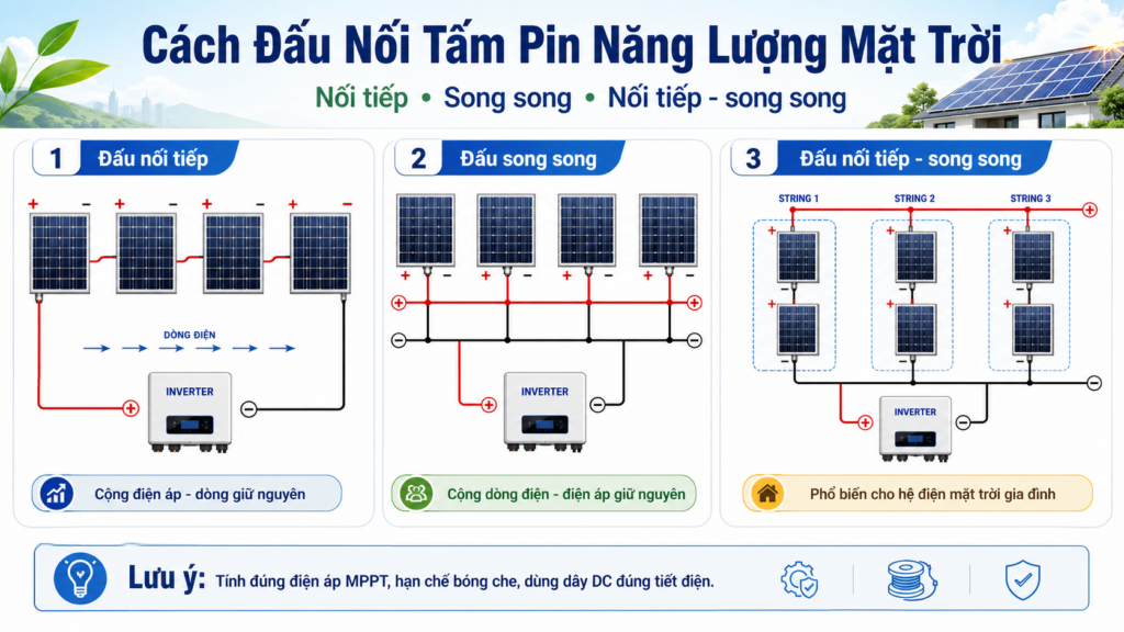 Cách Đấu Nối Tấm Pin Năng Lượng Mặt Trời Chuẩn Kỹ Thuật 2026