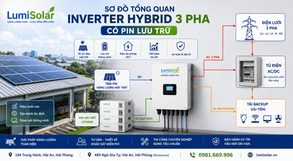 Sơ đồ tổng quan hệ thống inverter hybrid 3 pha gồm tấm pin, inverter, pin lưu trữ, lưới điện và tải backup.